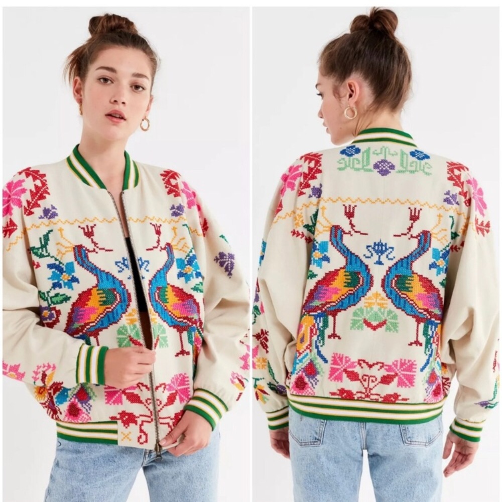 UO Peacock Paradise Cross-Stitch Bomber Jacket size L